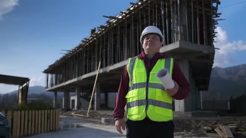 Engineer man in safety equipment holding plans in hand, against the backdrop of a hotel complex