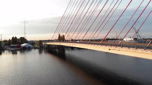 Aerial Cable-Stayed Bridge On A River In Gdansk, Poland