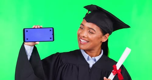 Woman graduate, phone and green screen with smile, blank ux and mockup space for logo, brand or app