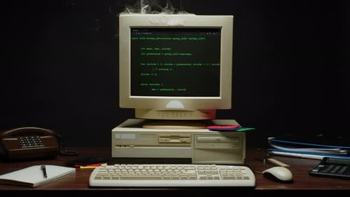 Retro Pc with Smoke on Monitor with Loading Code Console Programmer Making Scripts Green Basic