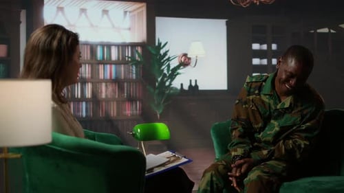 Soldier in Therapy with Therapist, Discussing Issues