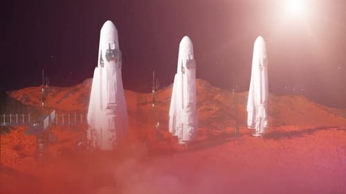 Weltraumraketen starten in den Sternenhimmel auf einem fernen Planeten