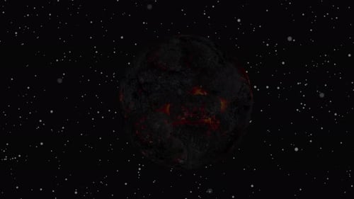 Realistischer Lavaplanet rotiert auf schwarzem Raum oder Hintergrund, Animation des Lavaplaneten gesehen. 1695