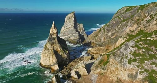 Aerial View of Deserted Wild Beach Ursa Rocky Beach in Atlantic Ocean Coastline Praia Da Ursa Beach