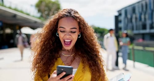 Woman, college student and laugh with phone on walk with meme, reading and books for studying