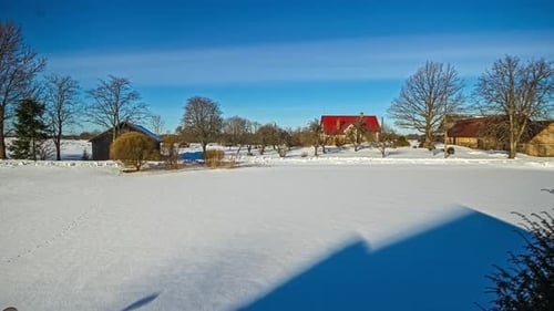 Four Season time-lapse changing the European countryside, homes and landscape to winter, spring, sum