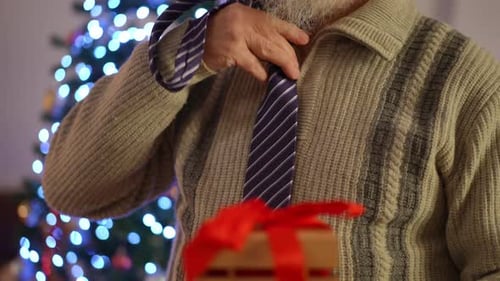 Person Trying to Put on Tie in Front of Christmas Tree