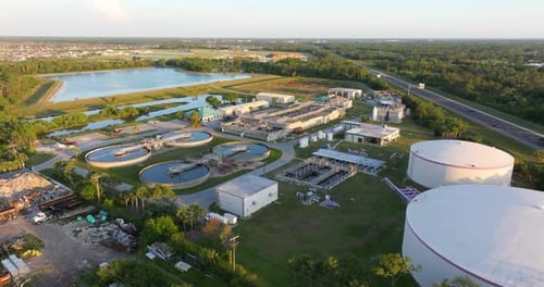 Aerial View of Water Treatment Factory at City Wastewater Cleaning Facility Purification Process of