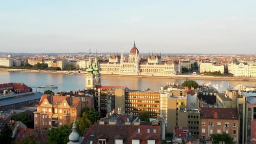 Cinematic drone shot of the Hungarian Parliament Building and Crown Jewels in Budapest Hungary