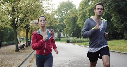 Wellness, runner or couple for running in street, nature park or road for exercise