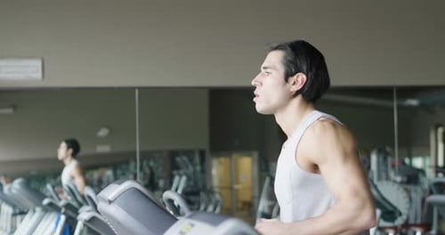 A guy in the gym to stay fit and have defined muscles or lose weight runs on the treadmill with a