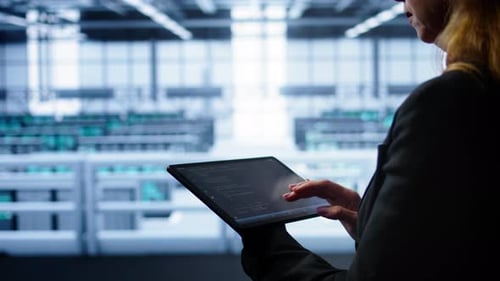 System Administrator Doing Annual Server Hub Checkup Using Tablet