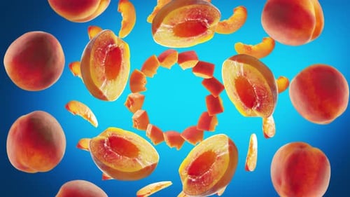 Dynamic Peaches and Slices Swirling on Blue Background