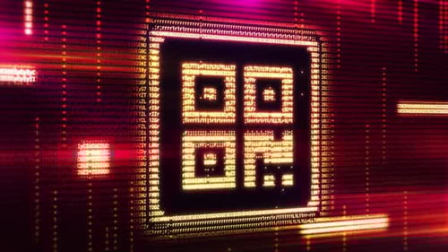 QR Code Symbol Emerging From Futuristic Data Stream on Computer Screen