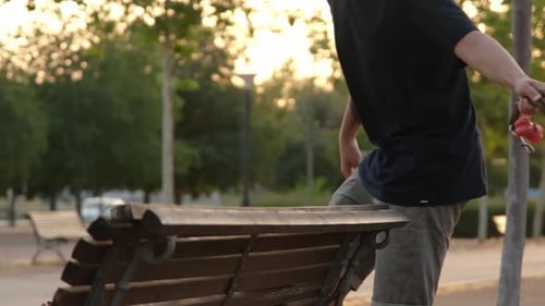 Hund springt bei Sonnenuntergang von einer Parkbank Zeitlupenvideo 240 Fps