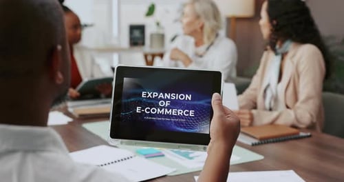 Business people, hands or meeting with tablet screen for collaboration or discussion at office