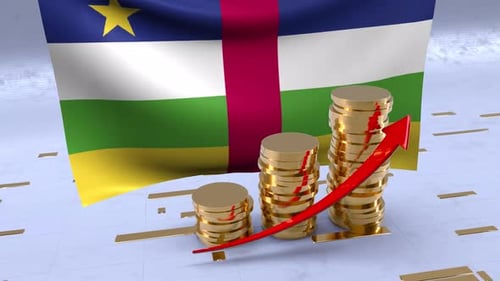 Central African Republic Flag With Gold Coins Tower And Up Arrow