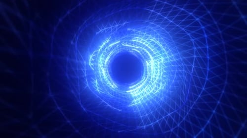 Bright blue spiral tunnel made of intersecting glowing mesh lines forming a digital vortex