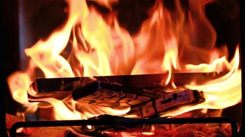 Fire burns in the fireplace