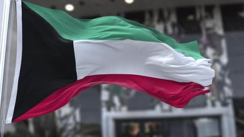 Realistic Kuwait Flag Waving in Wind with Blurred Background