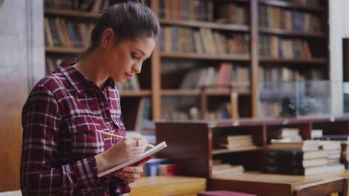 Absorbed young hispanic student studying in public library for university exam