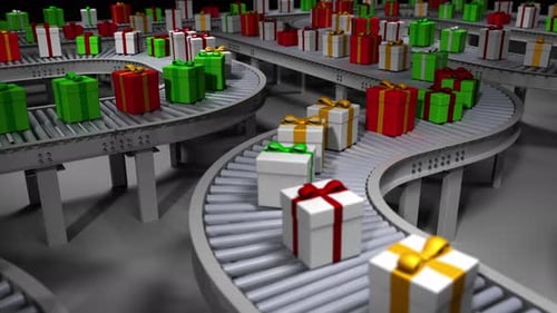 Endless Christmas Gifts Flowing on Factory Conveyor Belts