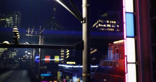 Futuristic Night Cityscape with Neon Lights and Urban Buildings