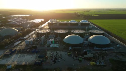 Aerial view of industrial plant and farmland, United Kingdom.