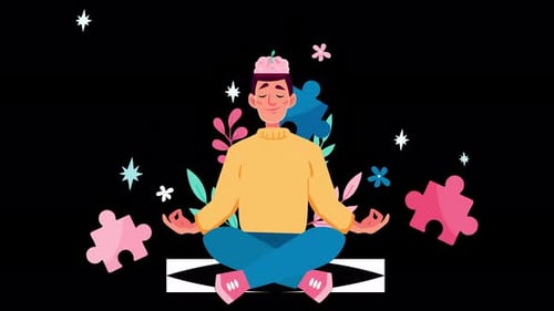 man meditating, person practicing yoga, peace of mind, nirvana animation 4k on alpha channel