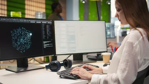 Close Up of IT Expert Coding with AI Language Model Assistance in Startup Office