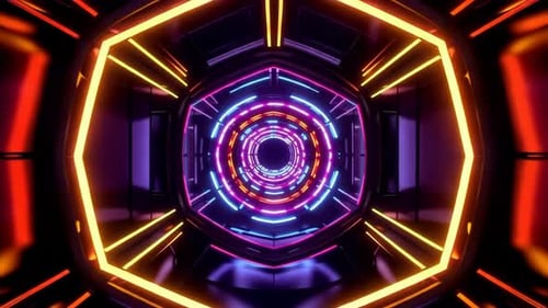 Futuristic Neon Tunnel with Pulsating Geometric Lights