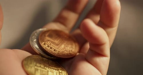 Three Bitcoin Coins are spun in the palm of a hand. Bitcoin today's digital currency exchange. crypt