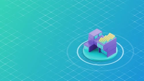 Isometric Building Illustration On A Gradient Background With Grid Lines