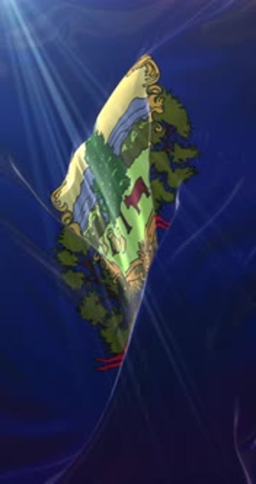 Realistic Waving Vermont State Flag with Sun Rays