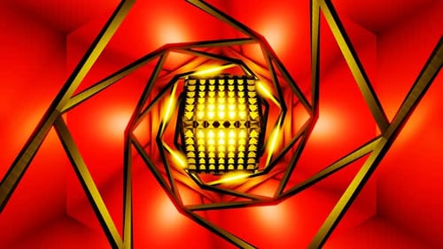 Event- und Festivalhintergrund rot-gelber vibrierender Science-Fiction-3D-Würfel im spiralförmigen Tunnel-VJ-Loop