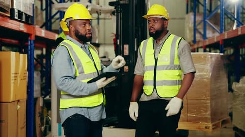 Warehouse Workers Driving Forklift Truck Operating Cardboard Boxes