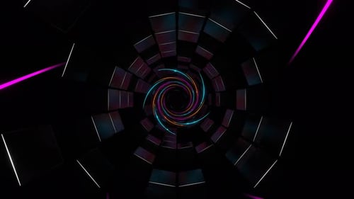 Cyan And Orange And Pink Spiral Neon Lines In Tunnel Of Squares Background Vj Loop In 4K