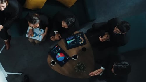 Top down view of smart business team listen investor present idea. Directorate.