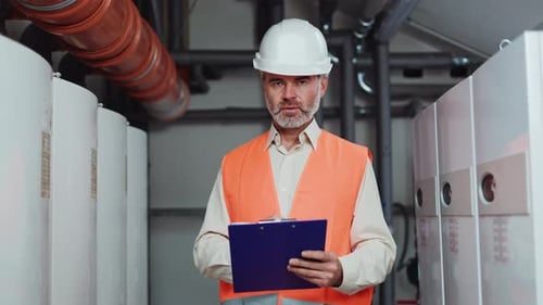 Grey Haired Construction Worker Making Notes on Clipboard While Standing Indoors