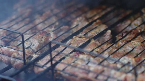 Meat on a Hot Grill Outdoors. Static Slow Motion shot.