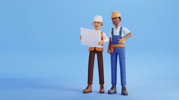Builder characters animation. Construction site worker, handyman ...