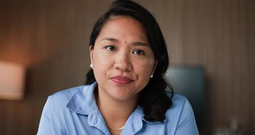 Media agency, face and woman with webinar, listening or notes for online interview