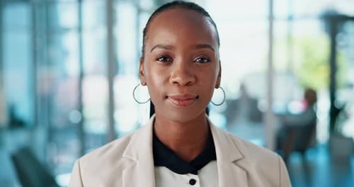 Black woman, face and financial advisor in office, confident business agent and proud professional