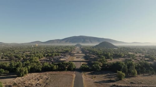 Amazing Shot Of Teotihuacan City of Gods, Aztec Pyramids, Hot Air Balloons Filling Blue Sky, Mexico