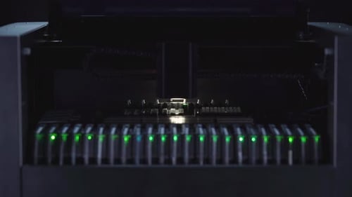 Darkened View of Automated Pick-and-Place with Green Indicator Lights