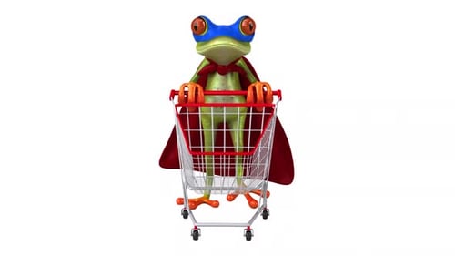 Lustige 3D-Cartoon-Animation vom Frosch-Superhelden-Shopping