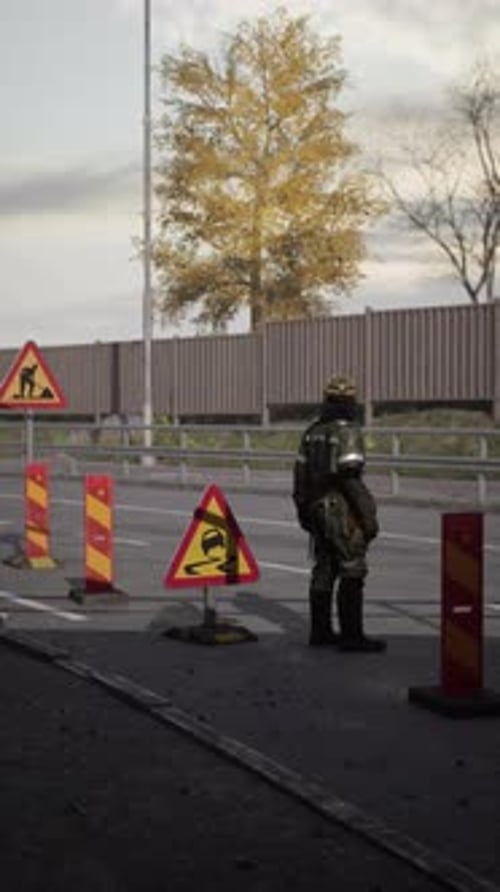 Road Worker Oversees Construction Site on Busy Roadway During Fall