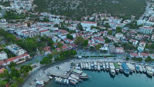 Aerial View Dawn Over Ka Town s Serene Waterfront in the Antalya Region