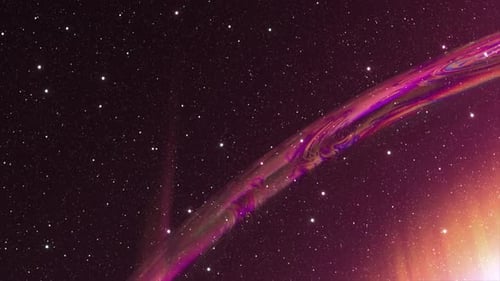 Une grande bulle transparente scintille avec des couleurs arc-en-ciel sur un fond d'espace sombre, violet fluo