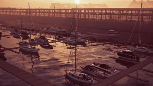 Realistic 3D Render of a Marina at Sunset with Boats